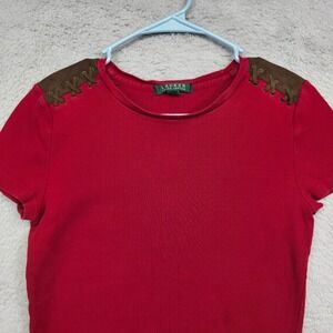 Lauren Ralph Lauren Top Womens S Red Suede Patch Boho Western Y2K LRL Preppy